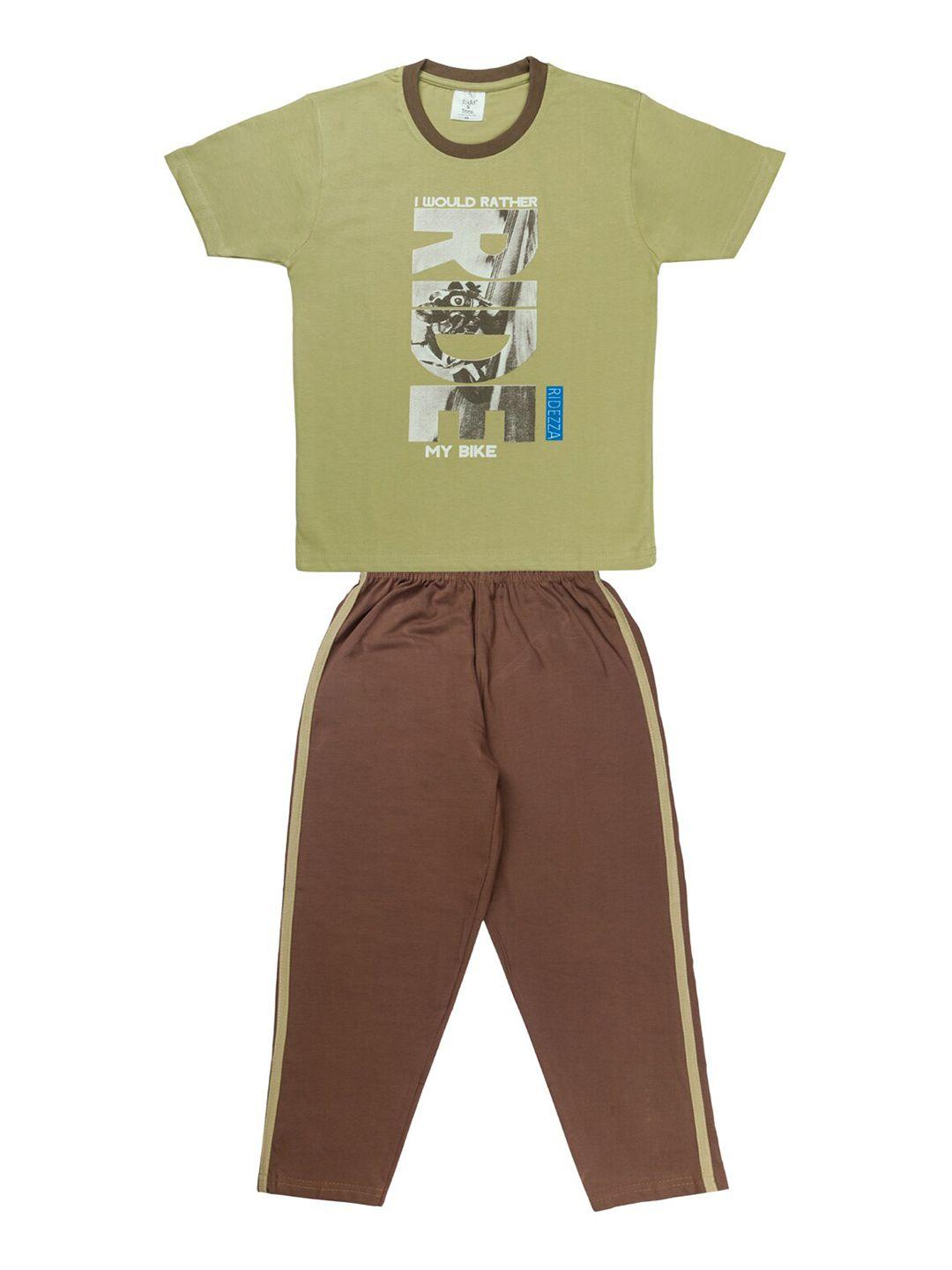 todd n teen boys olive green & brown printed pure cotton t-shirt with track pant