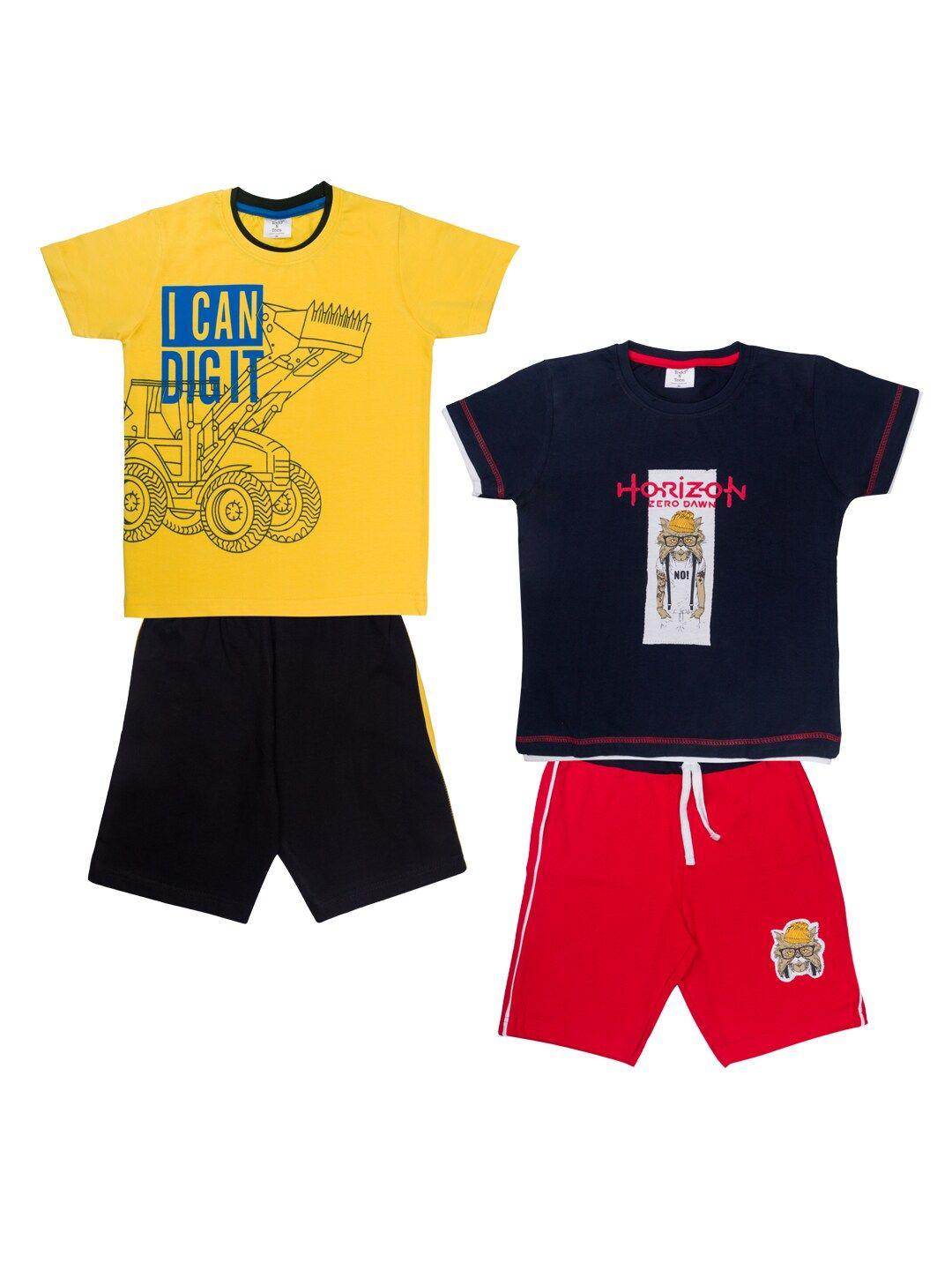 todd n teen boys pack of 2 yellow & navy blue printed pure cotton pure t-shirt with shorts