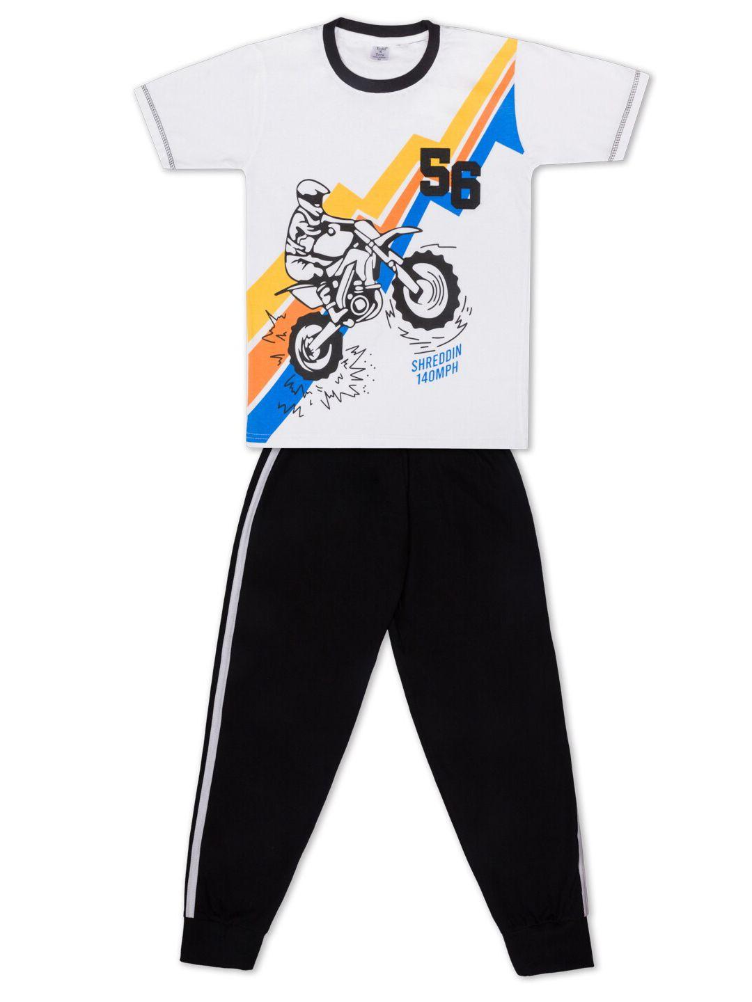 todd n teen boys pure cotton white & black printed t-shirt with trousers clothing set set