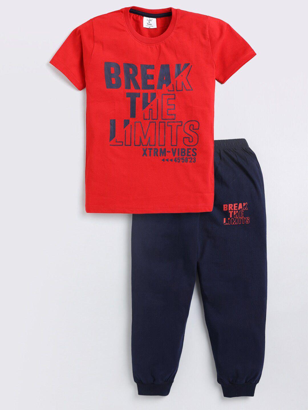 todd n teen boys red & navy blue printed t-shirt with pyjamas