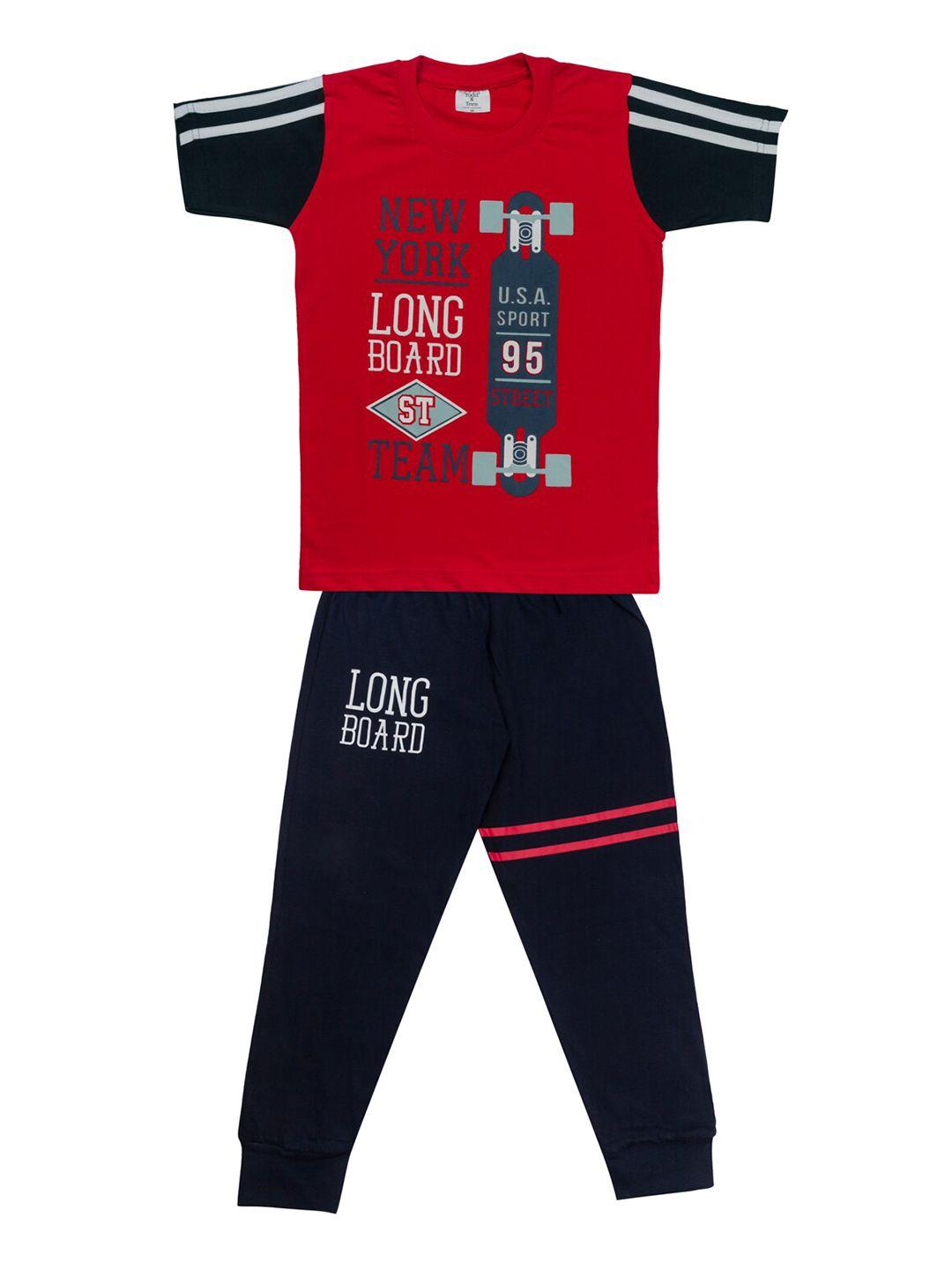 todd n teen boys red & navy blue pure cotton printed t-shirt with trousers