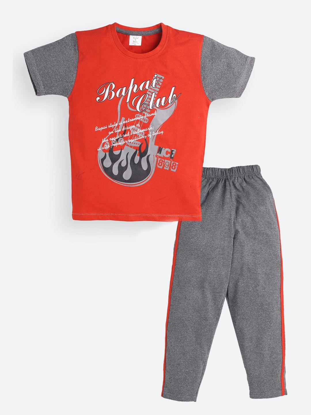 todd n teen boys rust & grey melange printed t-shirt with pyjamas