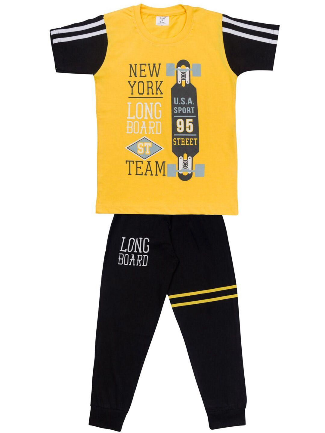 todd n teen boys yellow & black printed pure cotton t-shirt with trousers