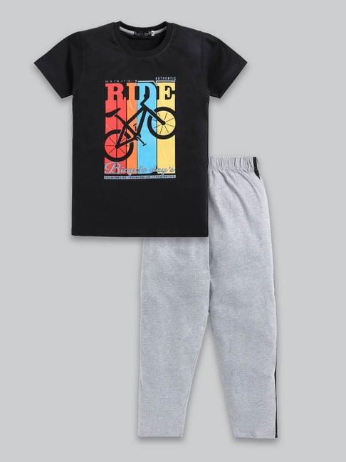 todd n teen kids black & grey printed t-shirt with trackpants