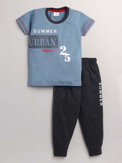 todd n teen kids blue & grey cotton printed t-shirt & joggers