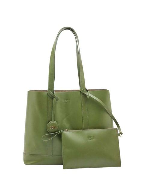 tohl down to earth green solid medium tote handbag with pouch