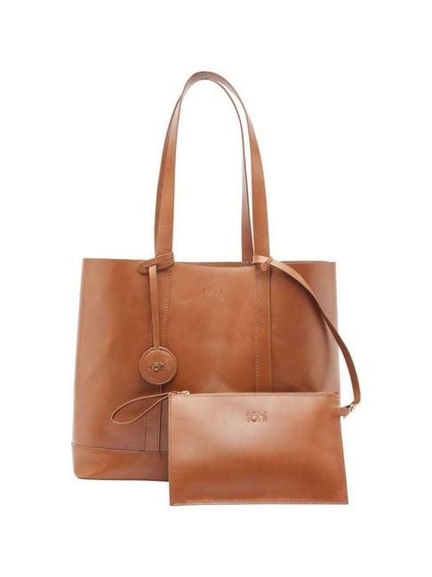tohl down to earth tan solid medium tote handbag with pouch