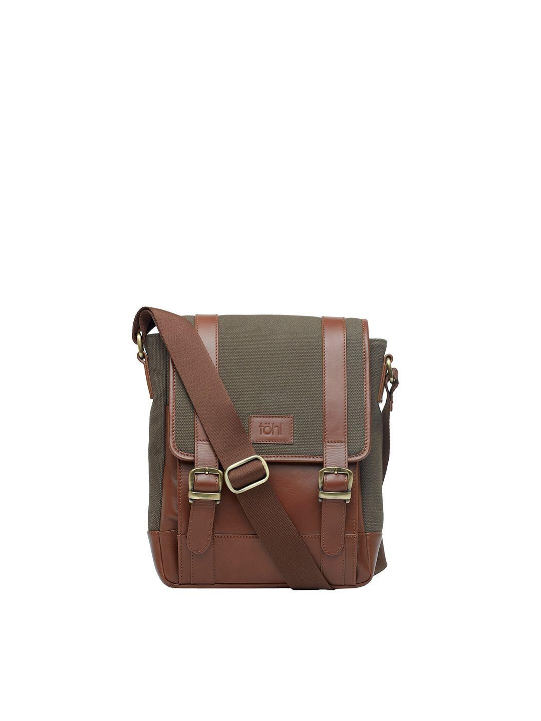 tohl men olive green & brown textured messenger bag