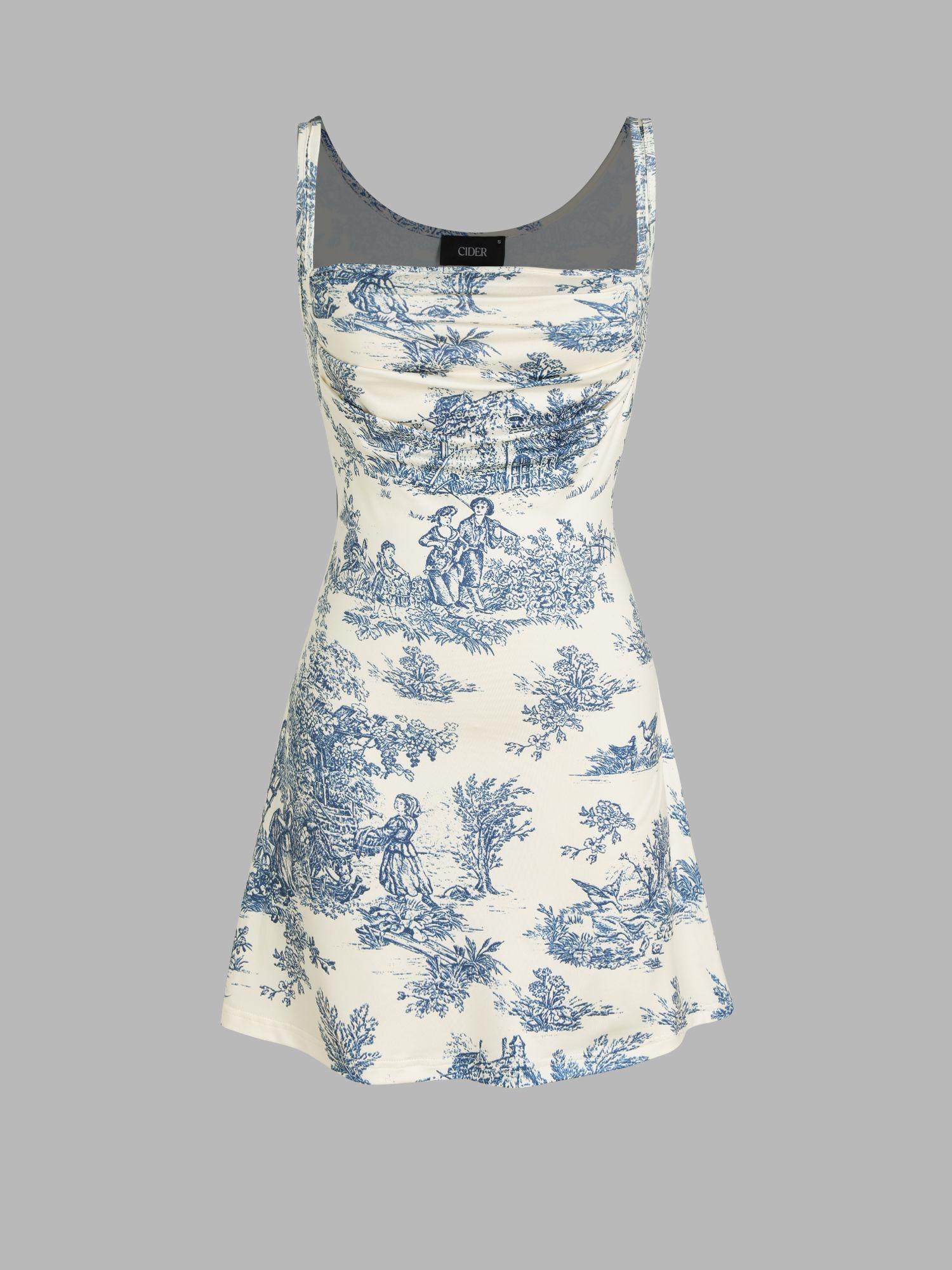 toile de jouy ruched mini dress