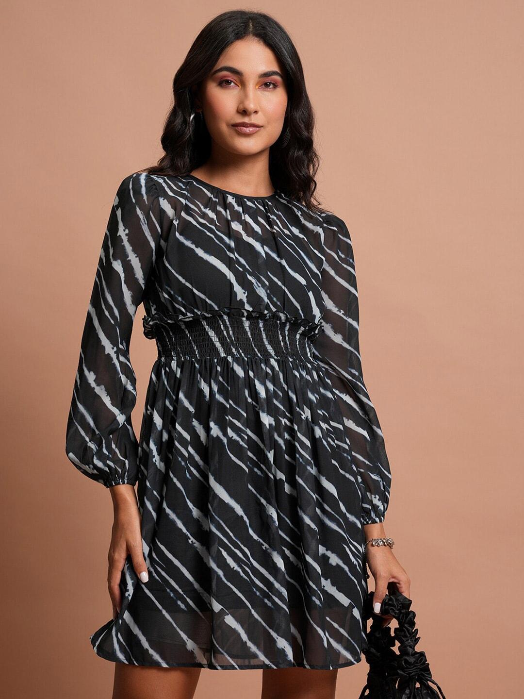 tokyo talkies black & white abstract printed smocked fit & flare dress