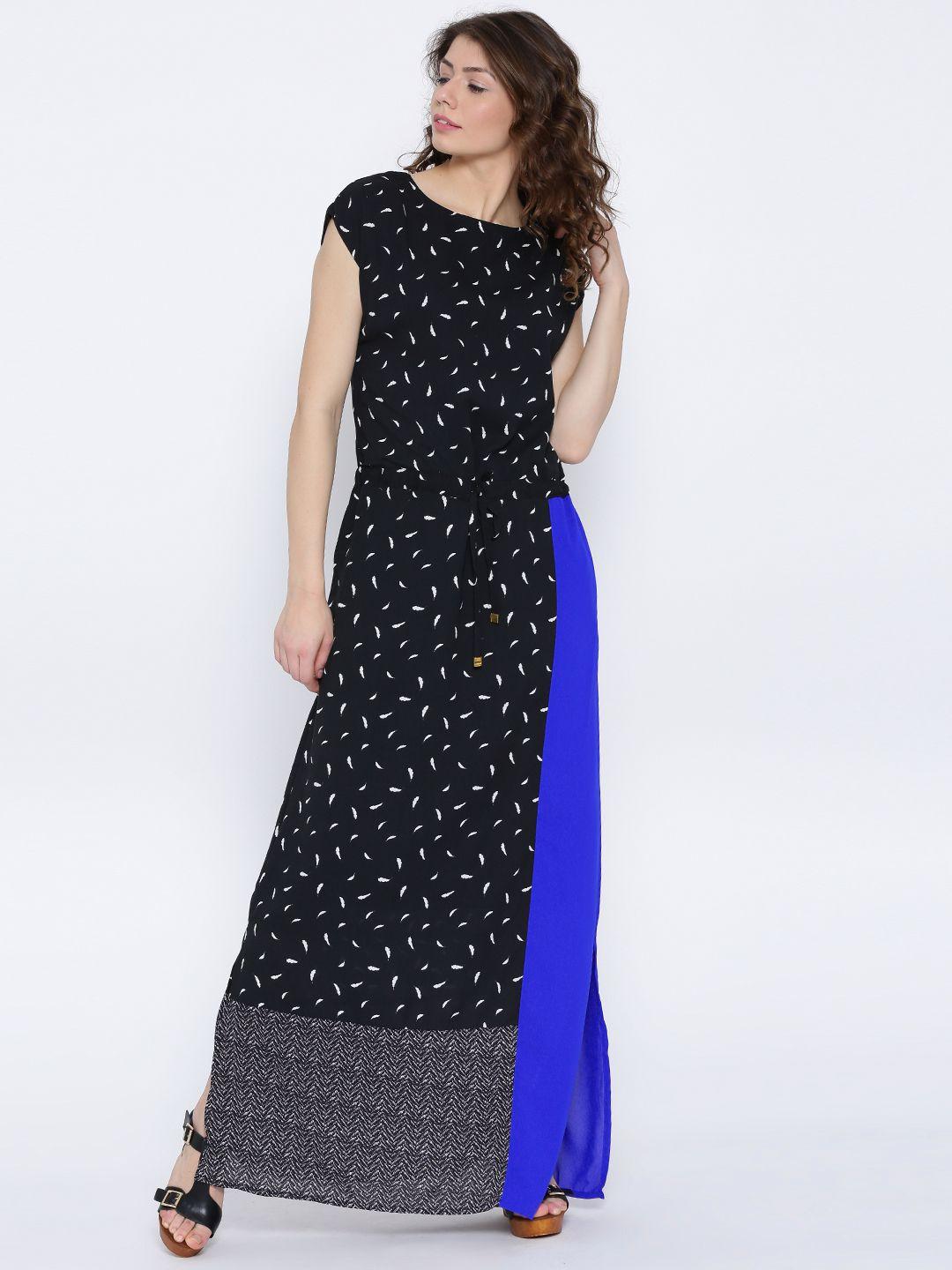 tokyo talkies black printed polyester maxi dress