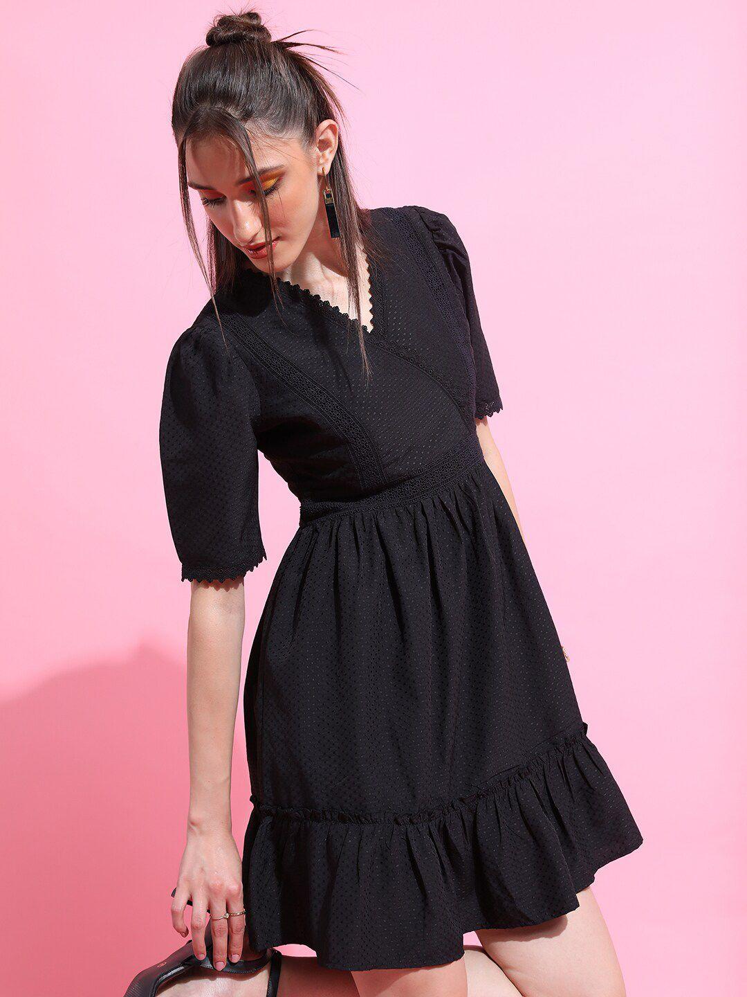 tokyo talkies black self design v-neck lace insert detail a-line mini dress