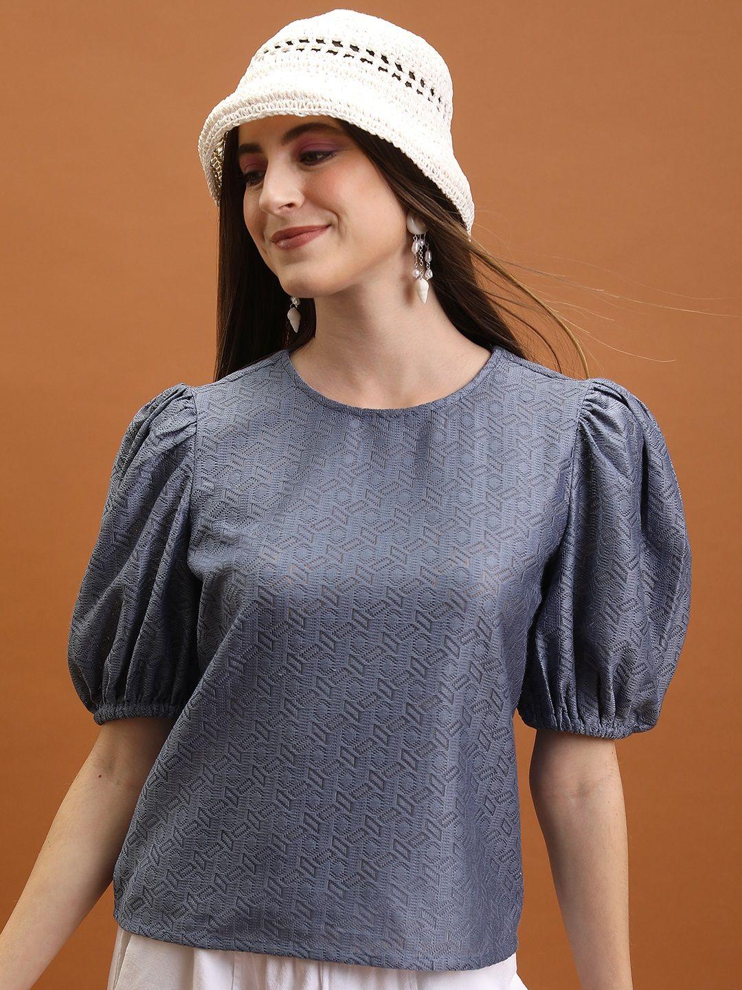 tokyo talkies blue self design round neck puff sleeves crochet top
