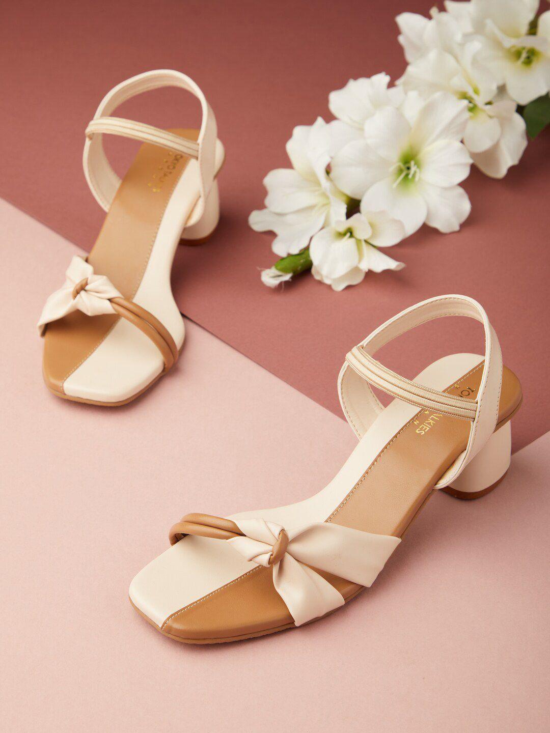 tokyo talkies cream-coloured & brown colourblocked open toe block heels