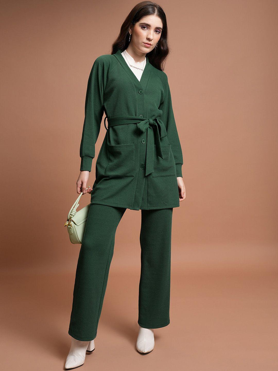 tokyo talkies green v-neck sweater & trousers co-ords