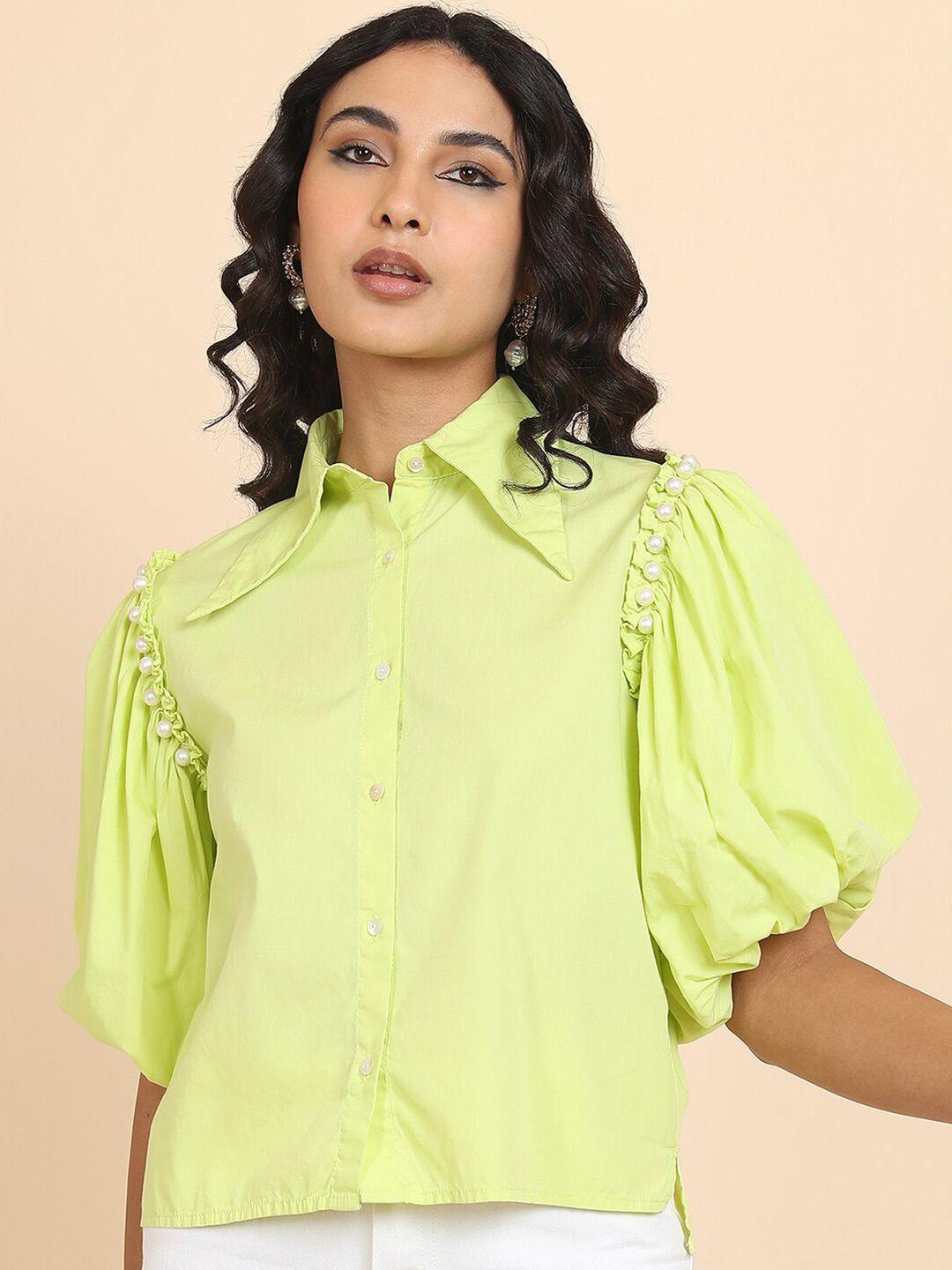 tokyo talkies lime green cotton puff sleeves casual shirt
