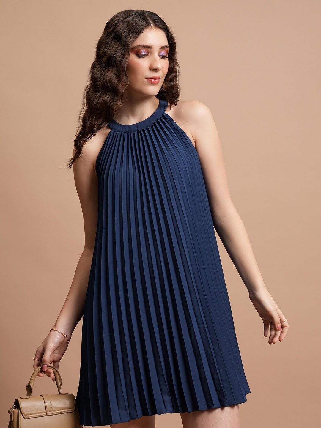 tokyo talkies navy blue halter neck sleeveless pleated a-line midi dress