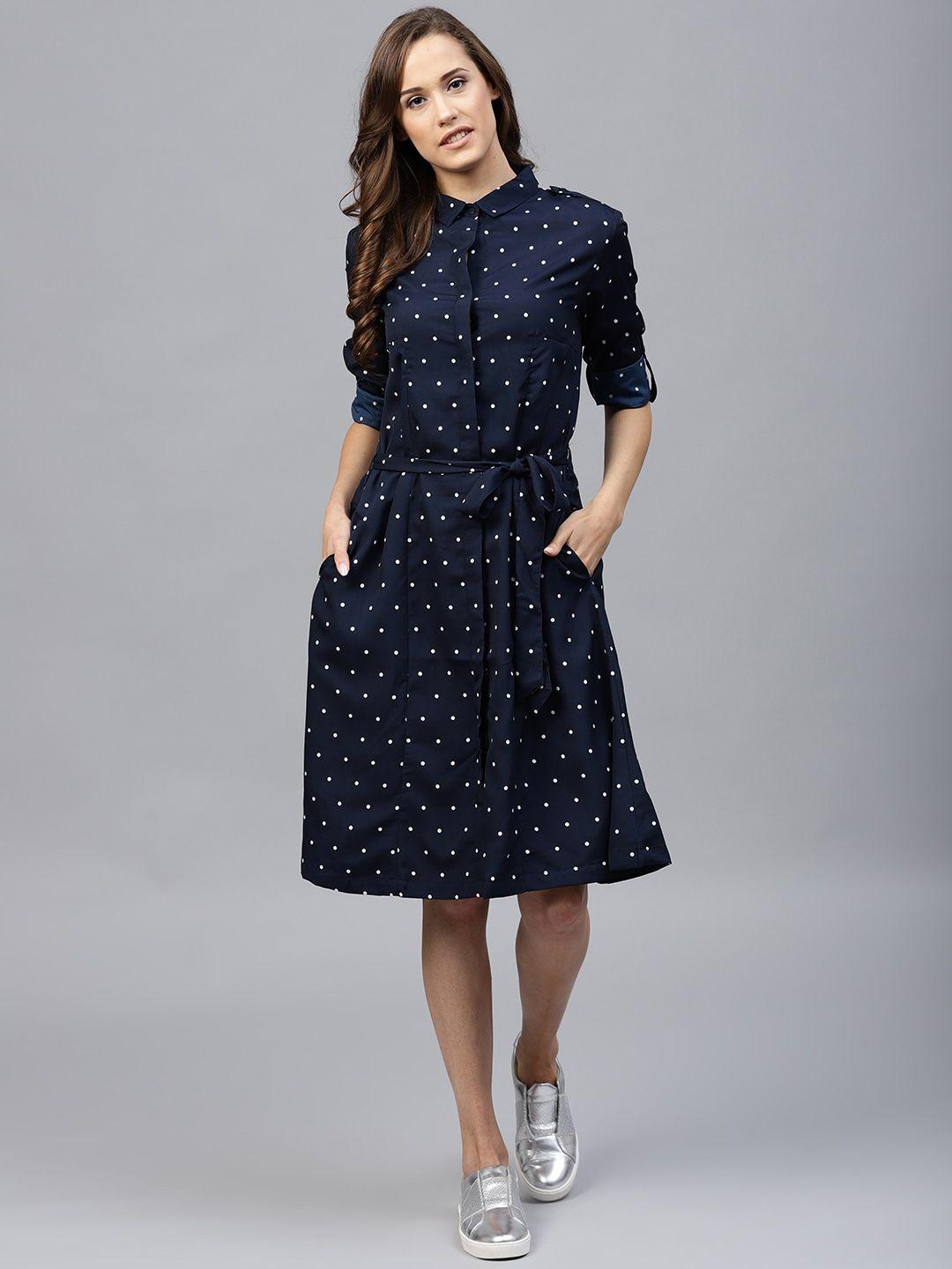 tokyo talkies navy blue polka dots printed shirt dress