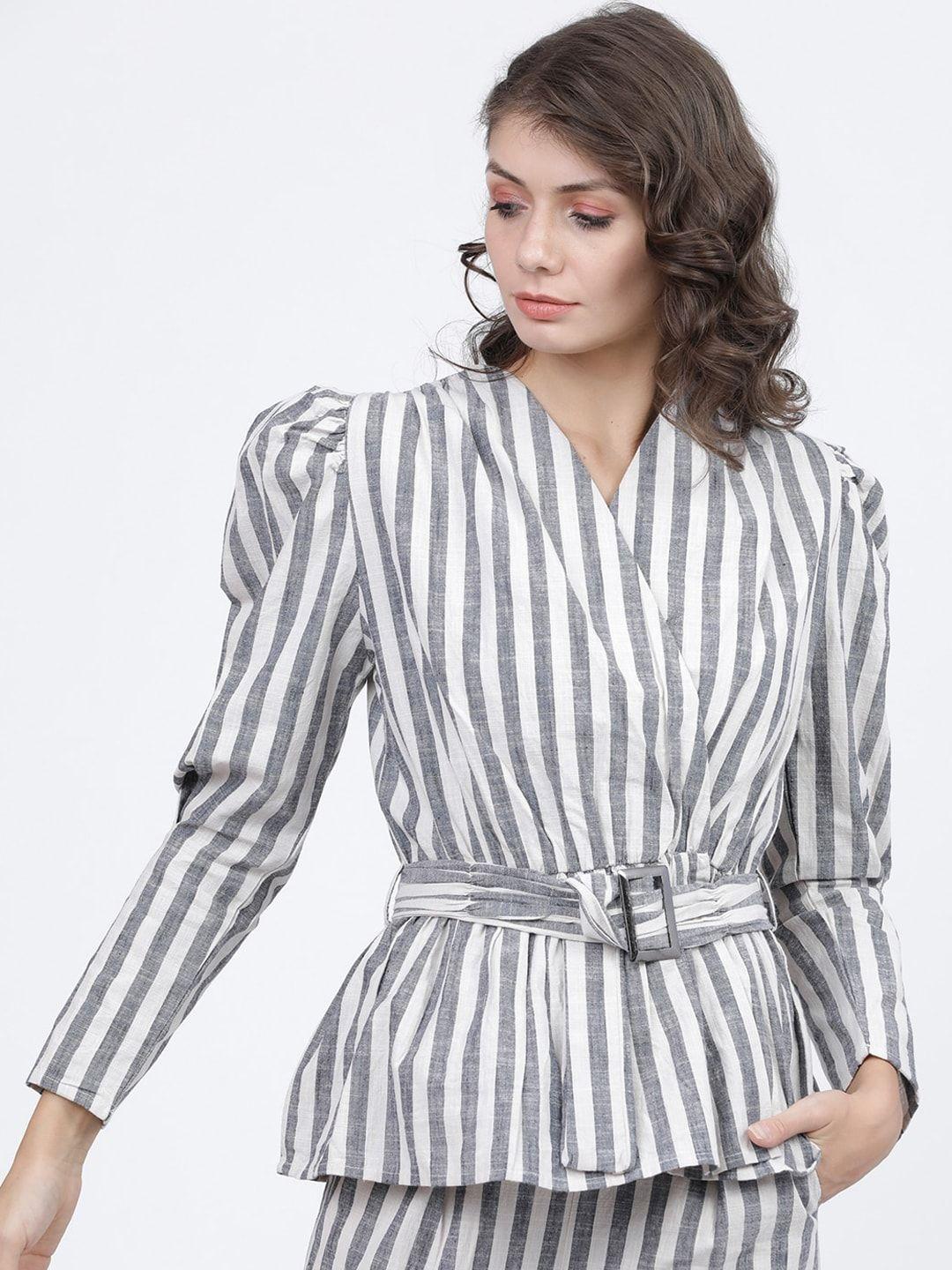 tokyo talkies off white & navy blue striped wrap top with belt