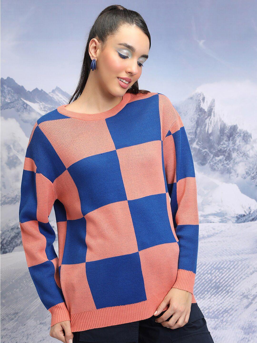 tokyo talkies orange coloured & blue geometric printed pullover