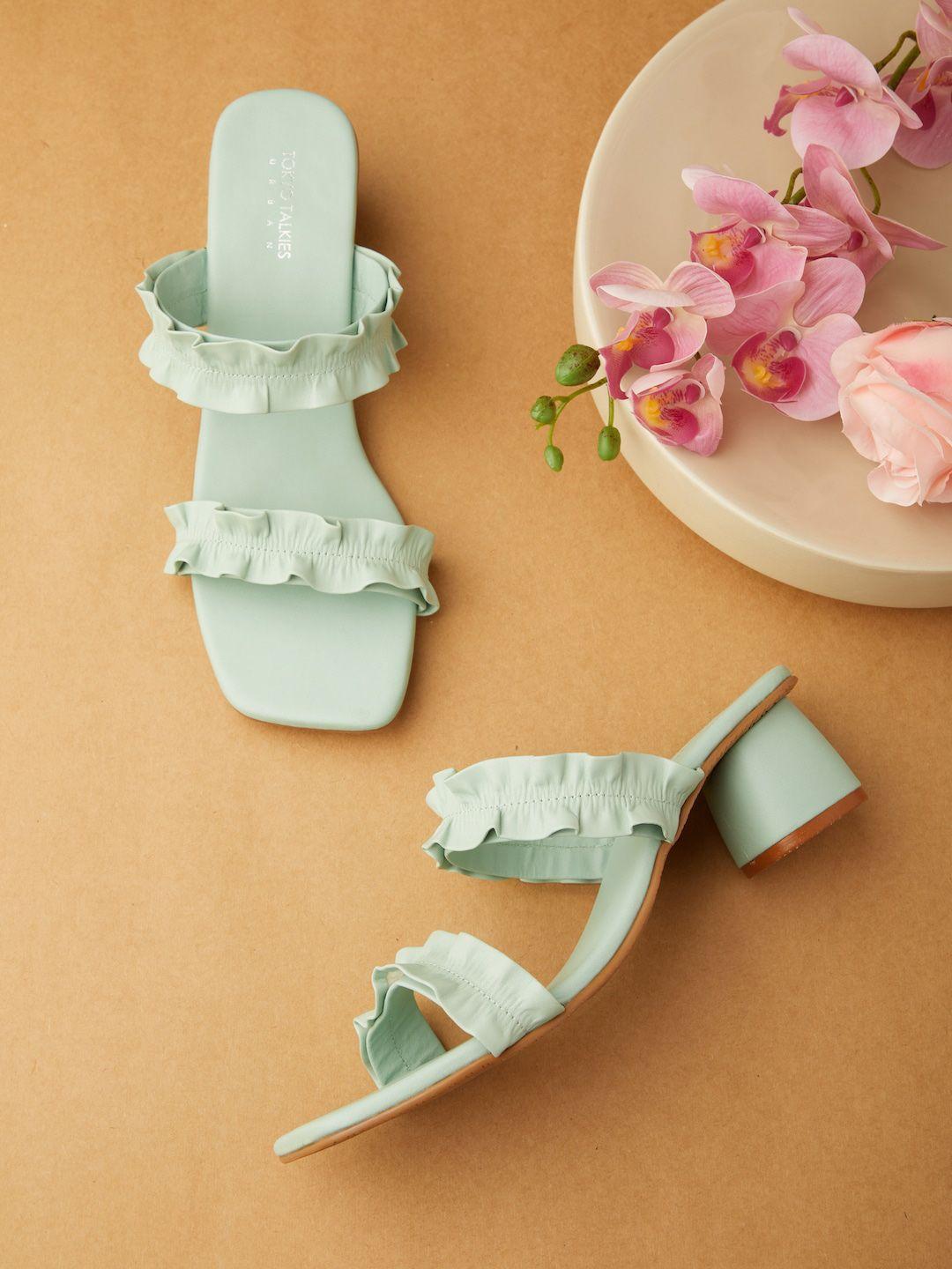 tokyo talkies sea green embellished open toe block heels