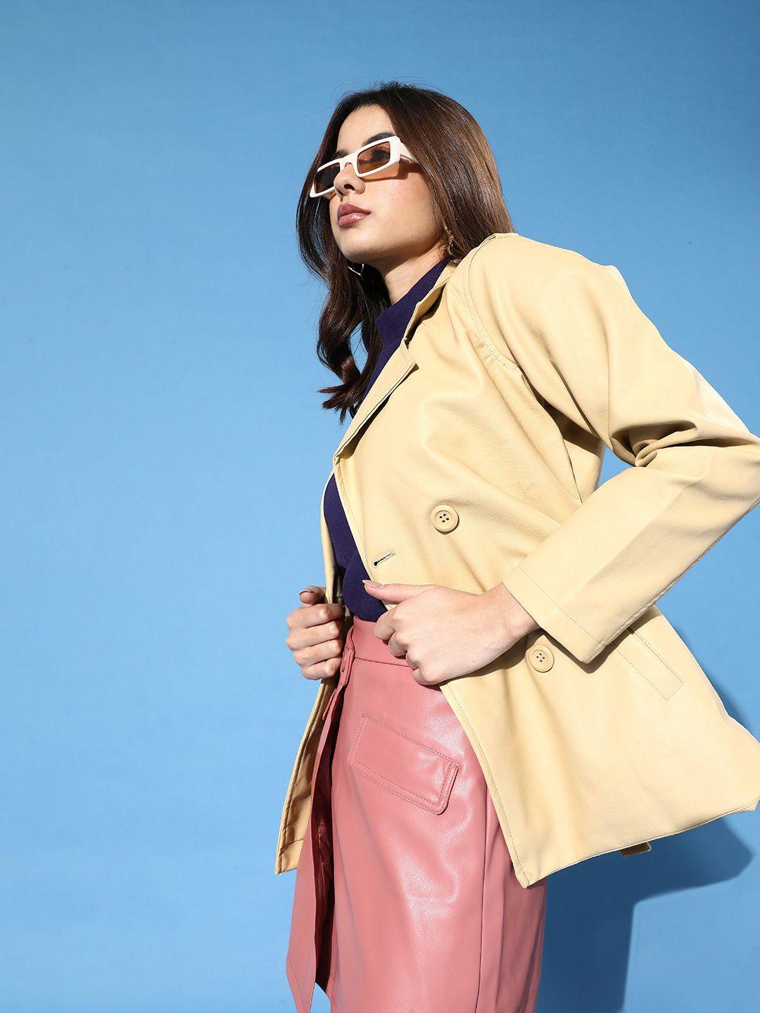 tokyo talkies women beige leather longline tailored jacket