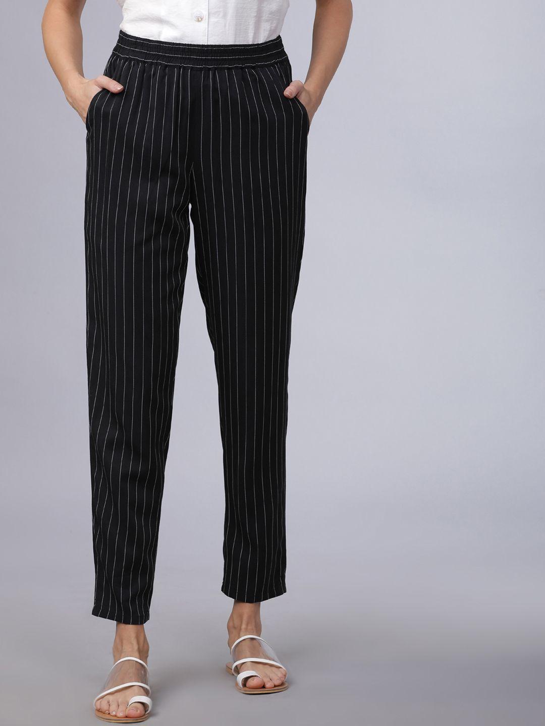 tokyo talkies women black & white straight fit striped peg trousers