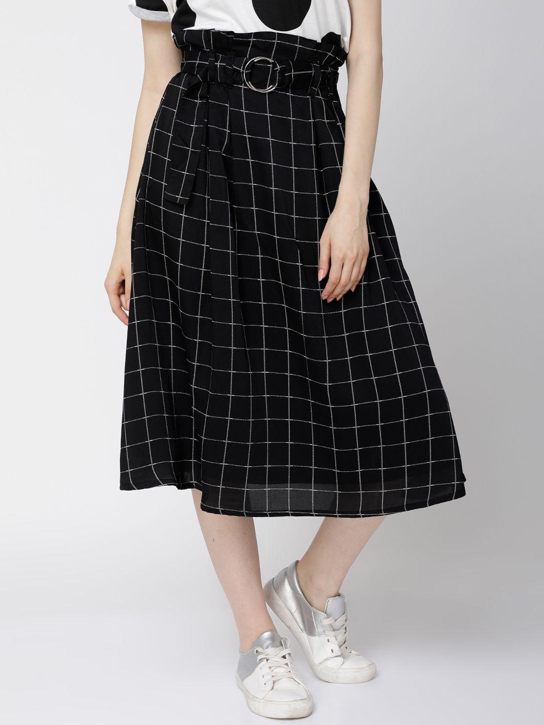 tokyo talkies women black checked a-line midi skirt