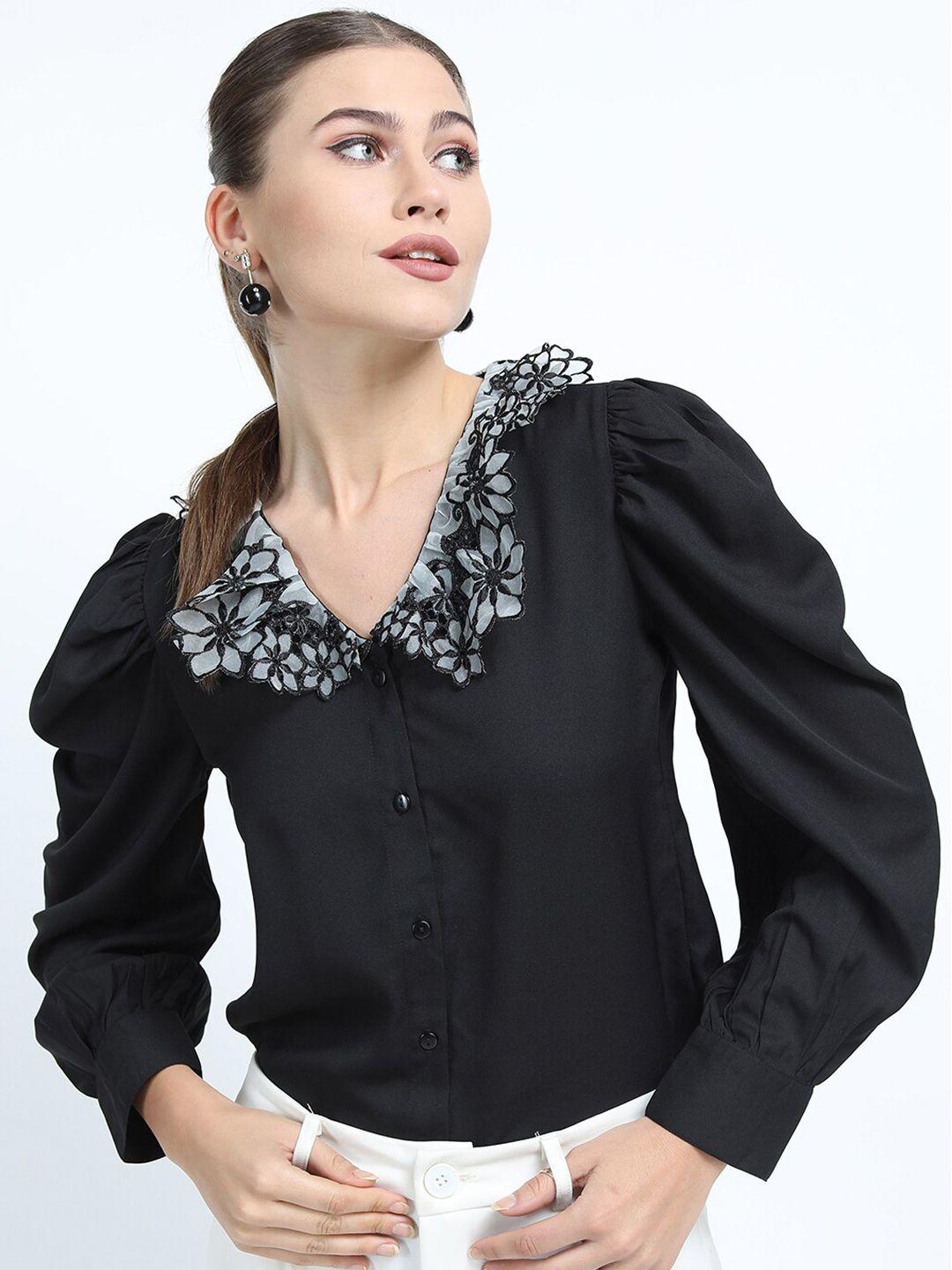 tokyo talkies women black fancy lace collar shirt style top