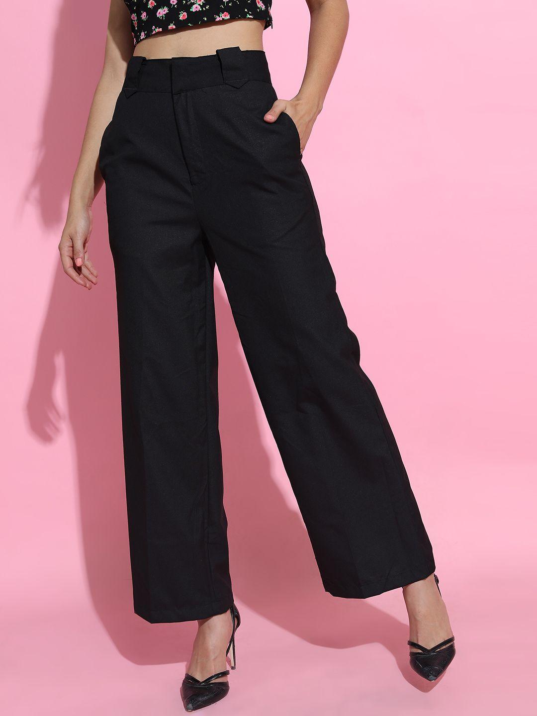 tokyo talkies women black solid flared mid-rise plain woven flat-front regular trousers