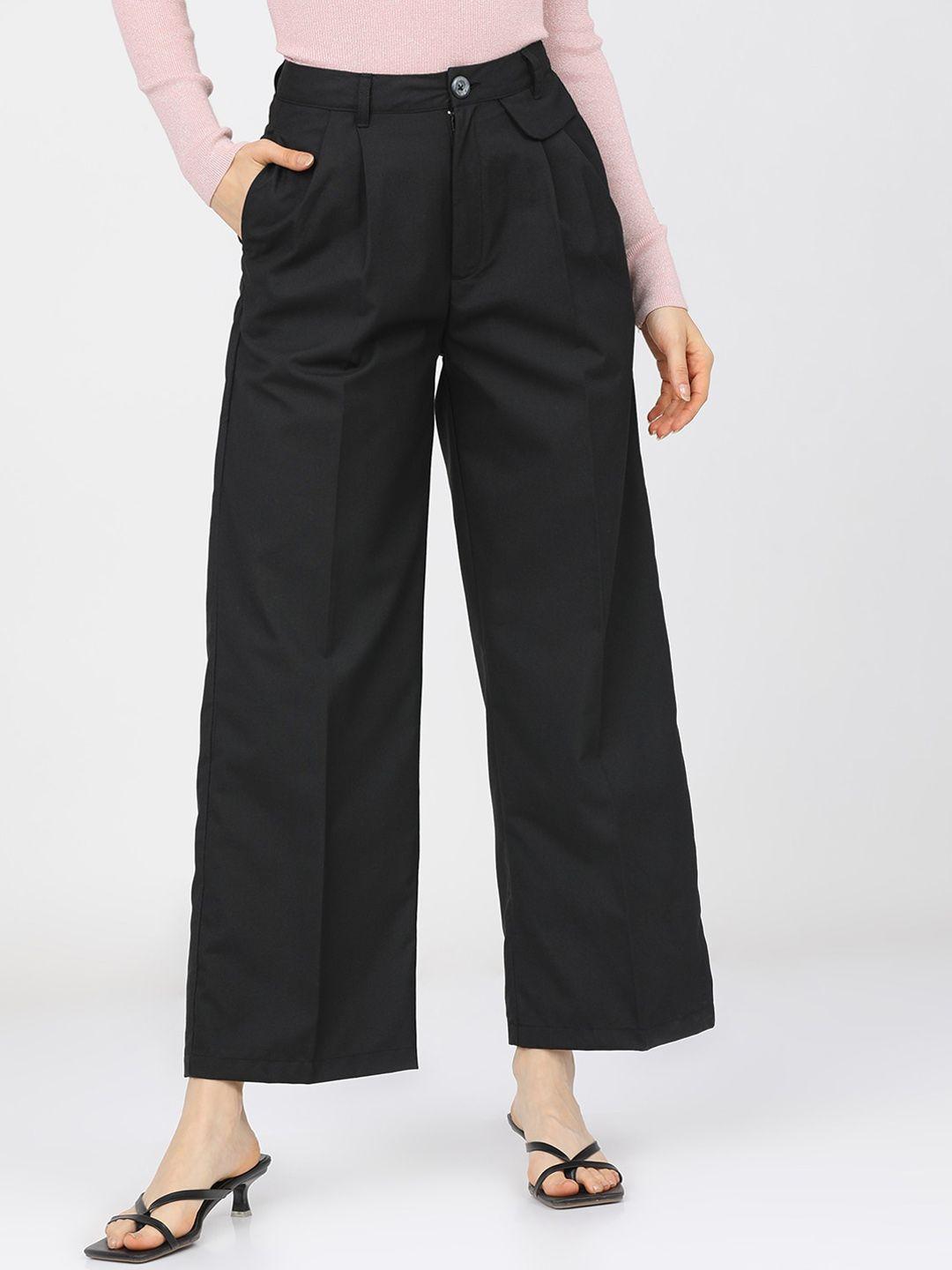 tokyo talkies women black straight fit easy wash pleated parallel trousers