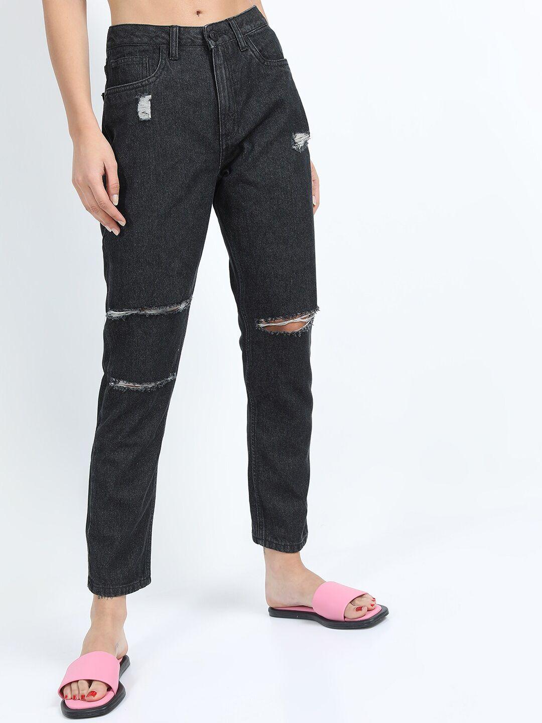 tokyo talkies women black straight fit mildly distressed jeans