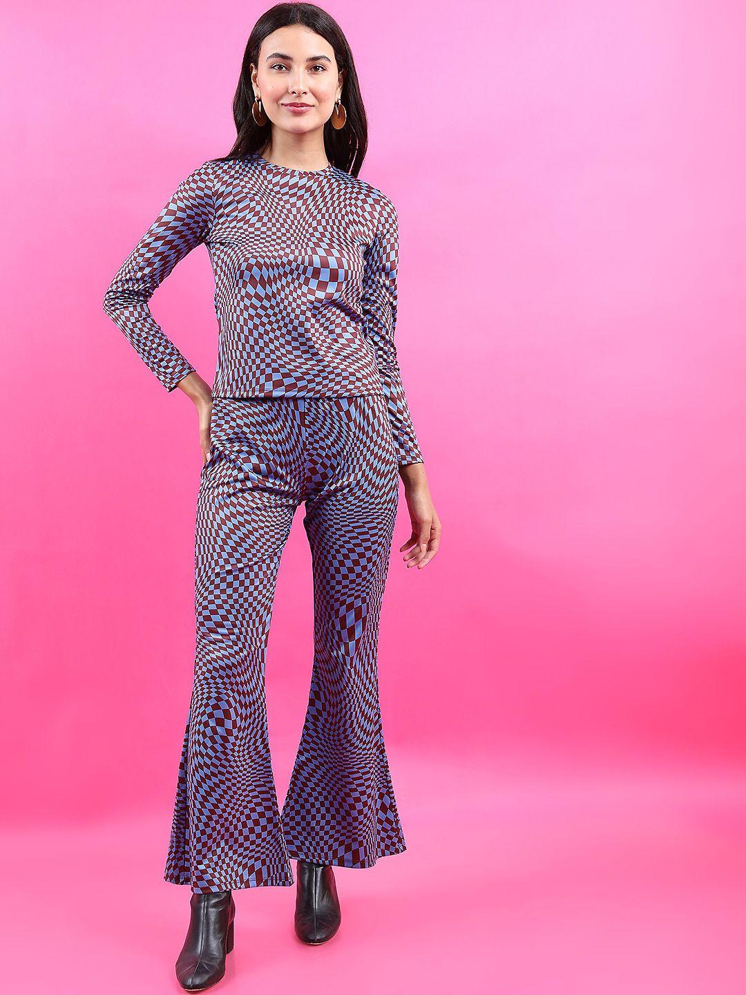 tokyo talkies women blue & maroon geometric printed top with trouser