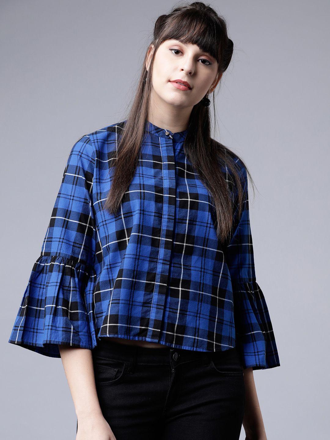 tokyo talkies women blue checked shirt style top