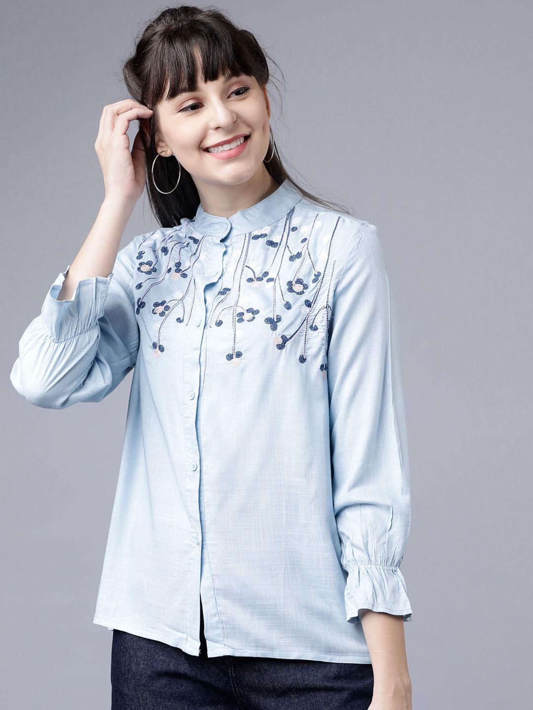 tokyo talkies women blue regular fit embroidered casual shirt