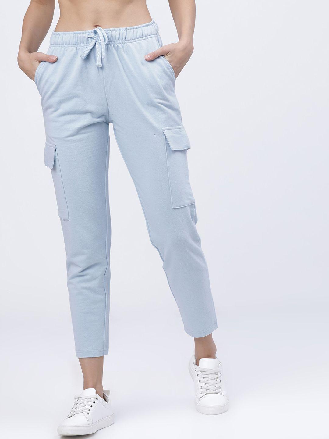 tokyo talkies women blue solid slim-fit casual track pants