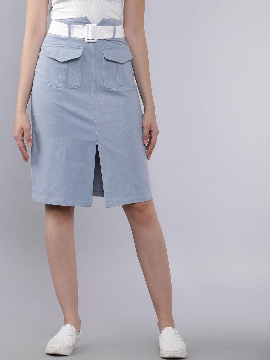 tokyo talkies women blue solid straight skirt with belt