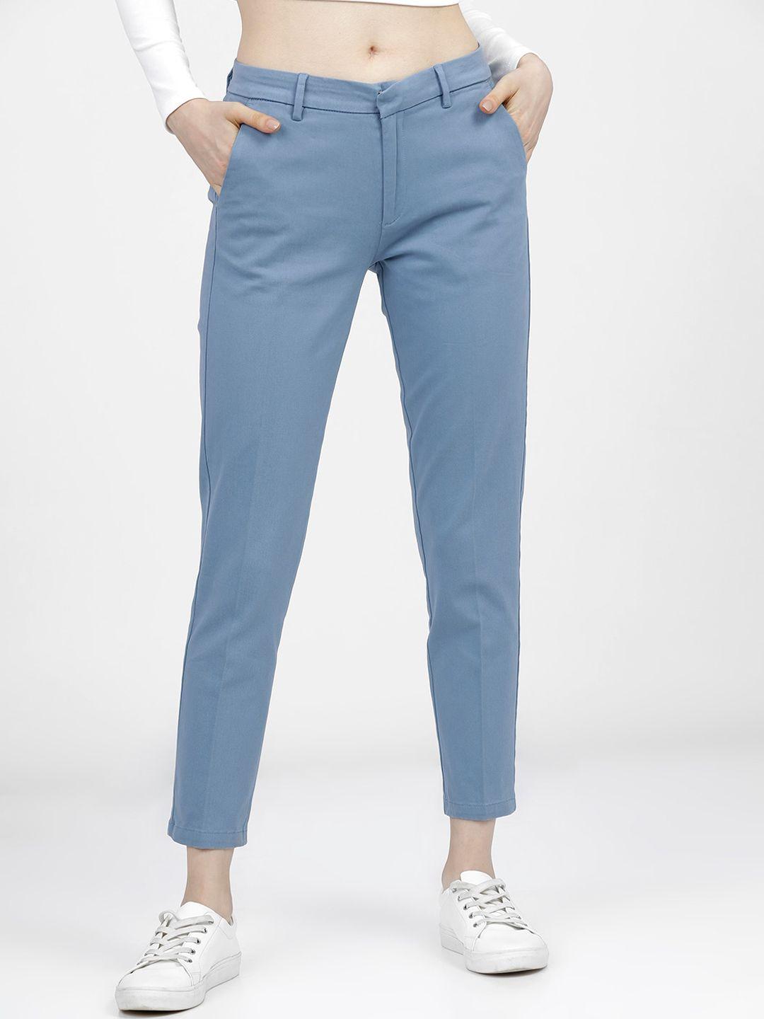 tokyo talkies women blue tapered fit trousers