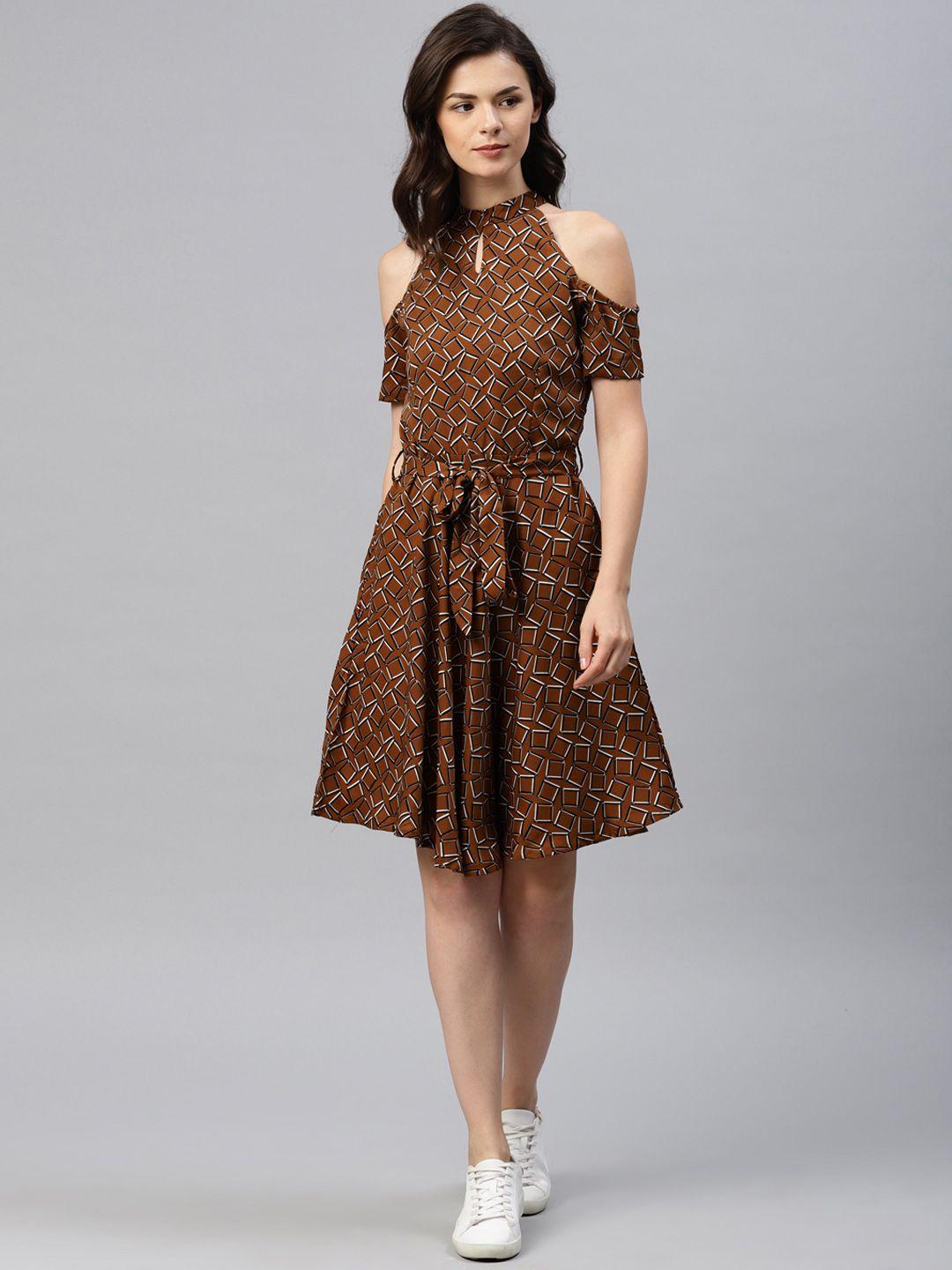 tokyo talkies women brown printed fit and flare dress