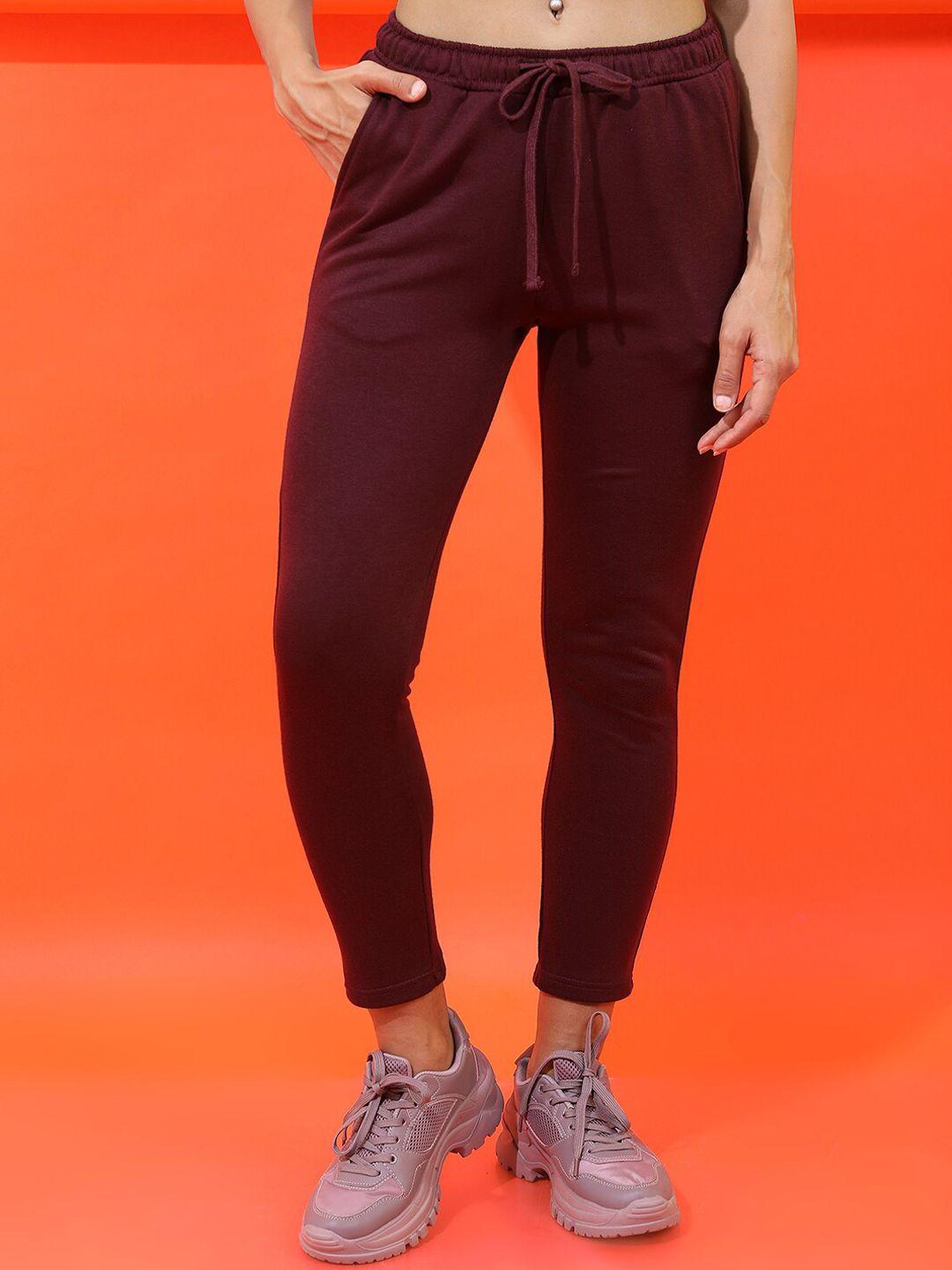 tokyo talkies women burgundy solid slim-fit track pants