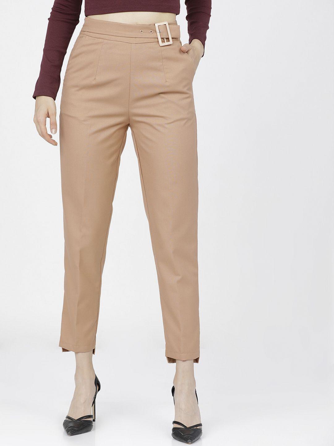 tokyo talkies women camel brown tapered fit easy wash trousers