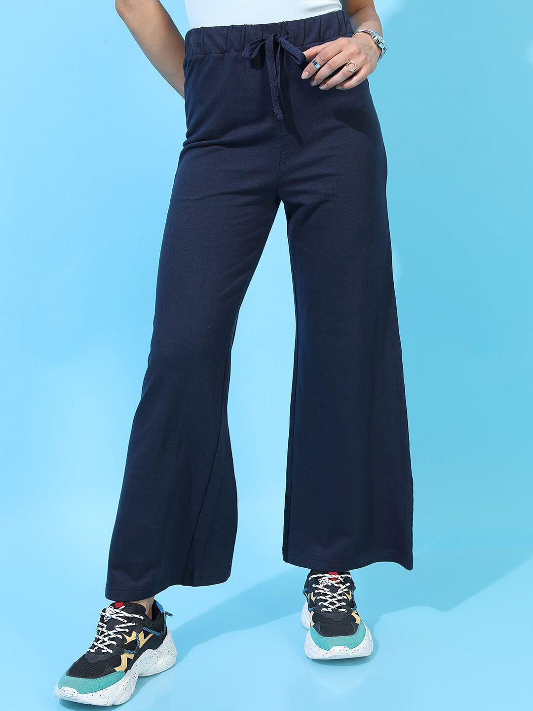 tokyo talkies women deep navy blue solid bootcut track pants