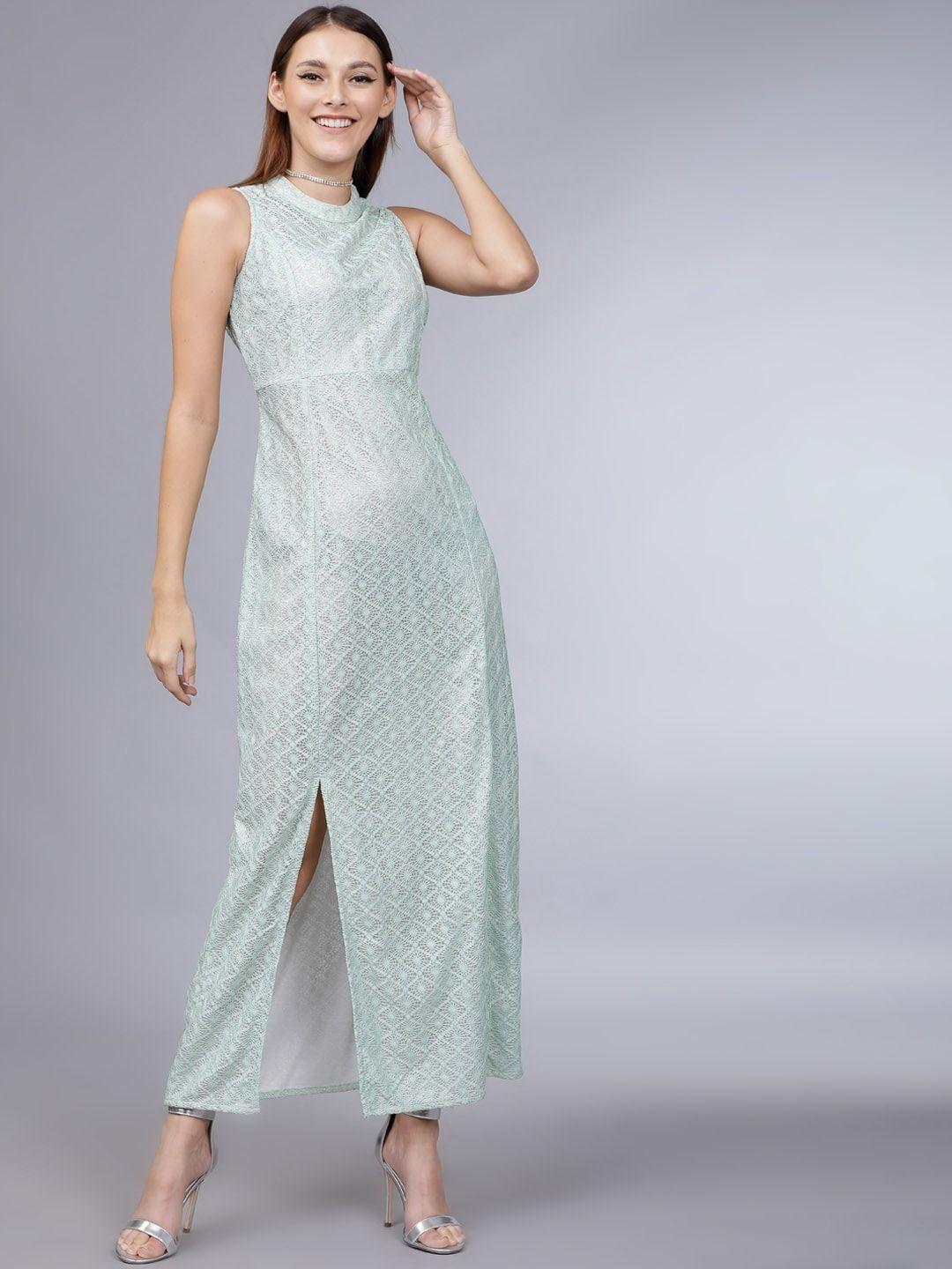 tokyo talkies women green & silver-coloured self design maxi dress