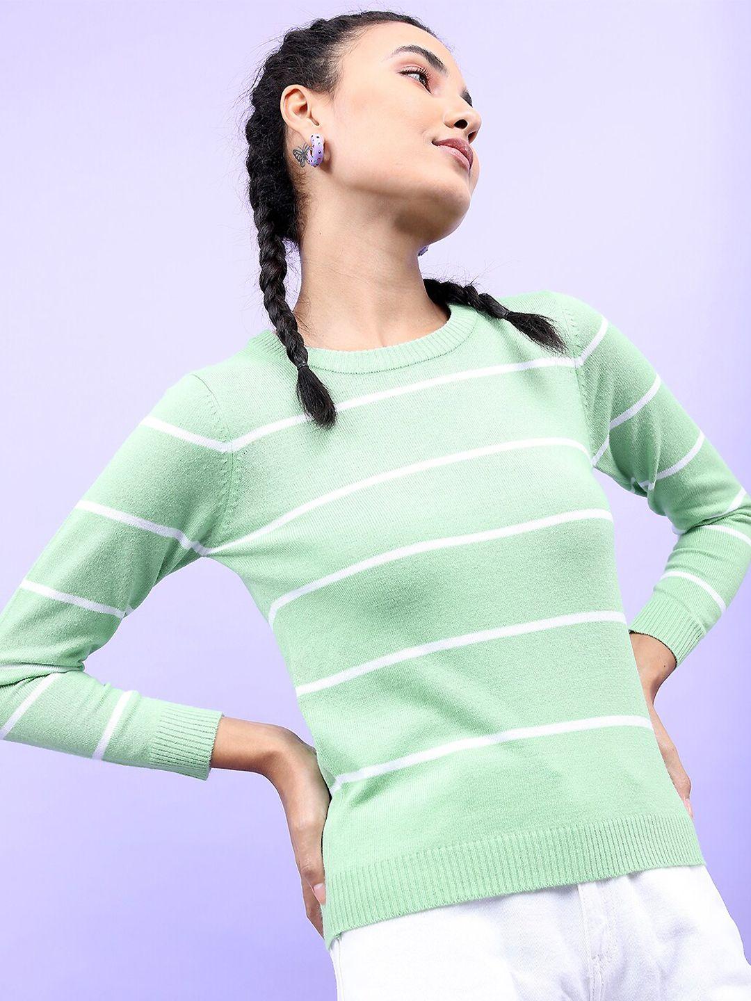 tokyo talkies women green & white striped printed pullover sweater