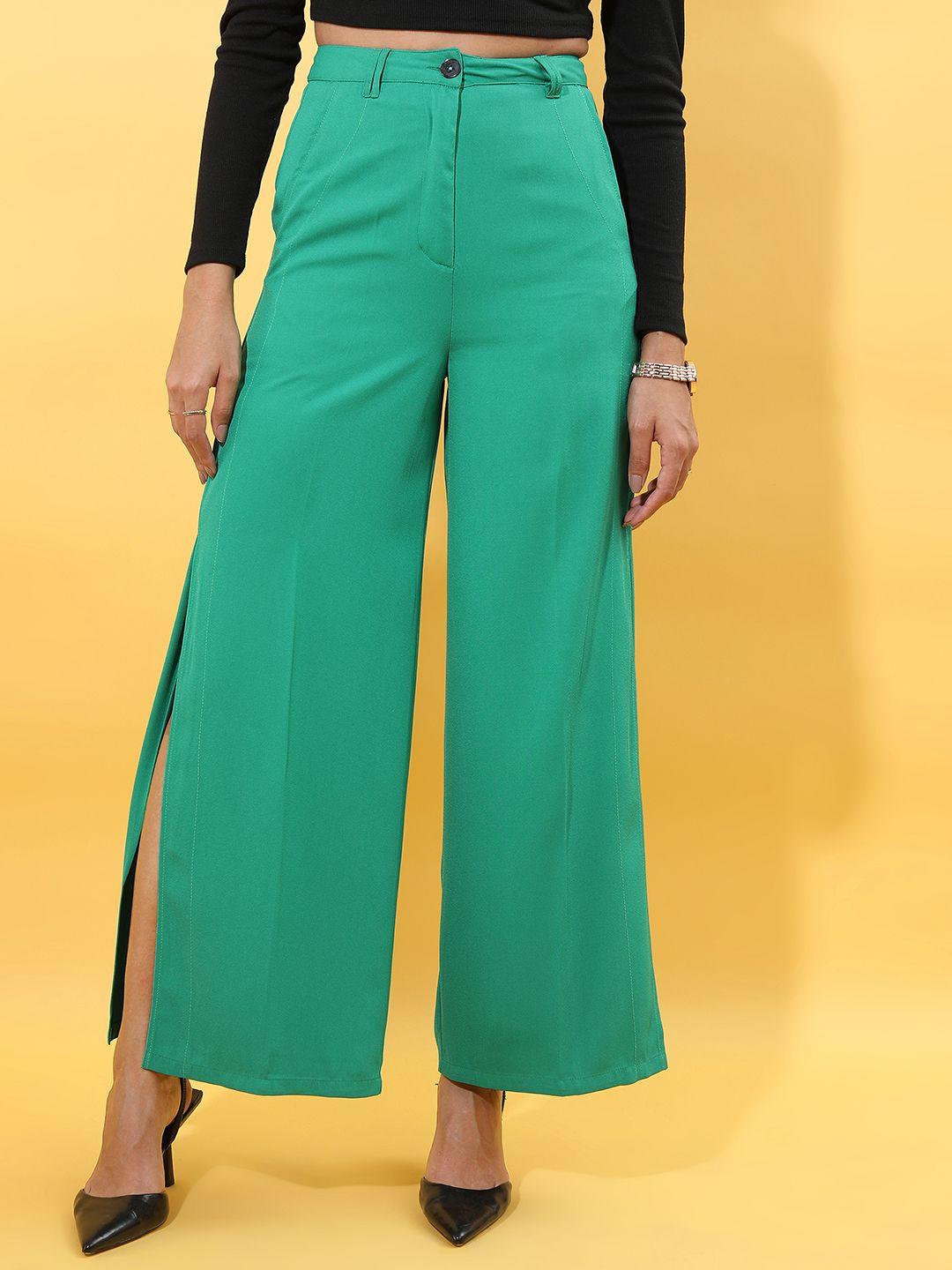 tokyo talkies women green mid-rise plain bootcut trousers