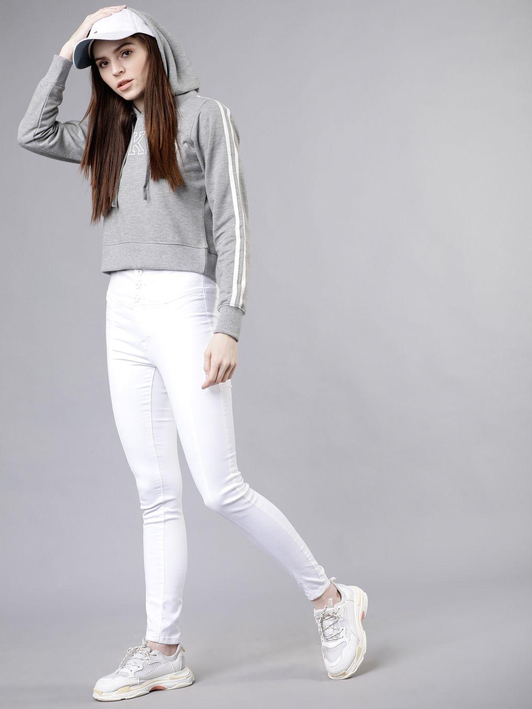 tokyo talkies women grey & white solid hooded sweatshirt