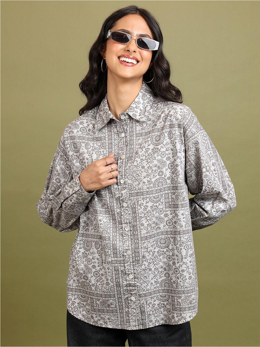 tokyo talkies women grey floral printed casual shirt