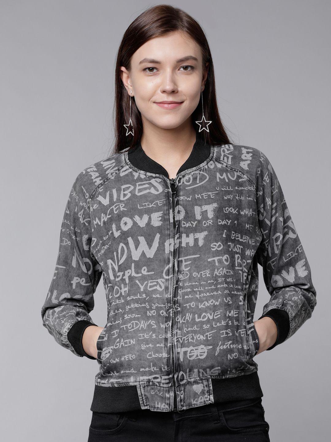 tokyo talkies women grey printed bomber jacket