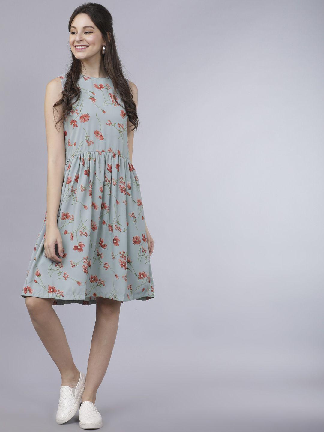 tokyo talkies women grey printed fit and flare dress