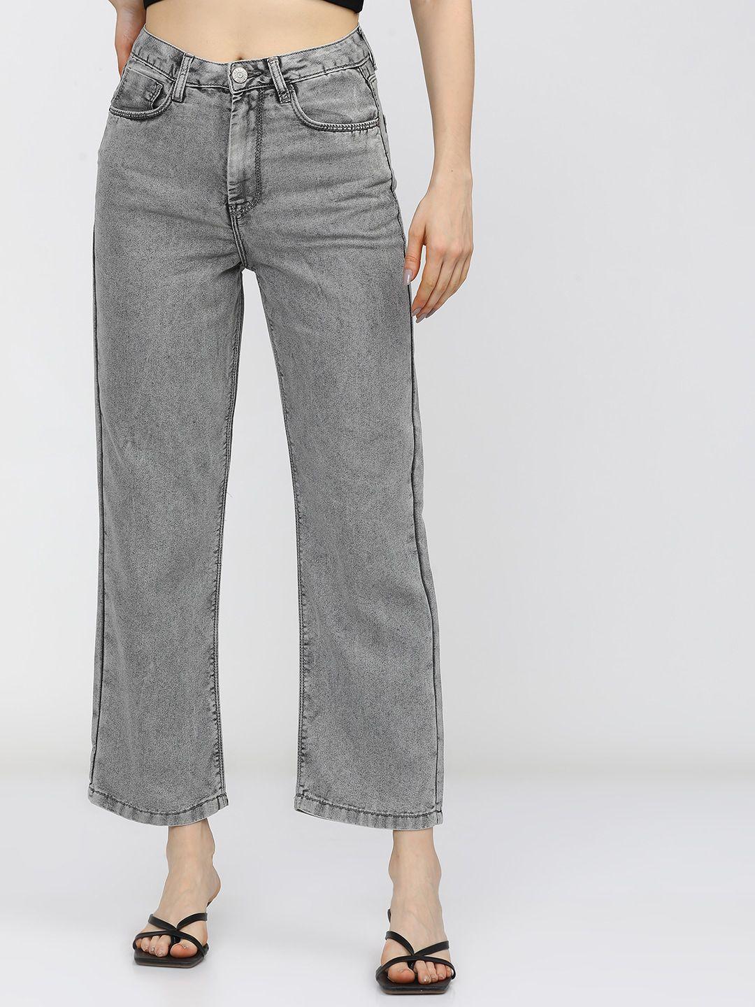 tokyo talkies women grey wide leg high-rise low distress heavy fade stretchable jeans